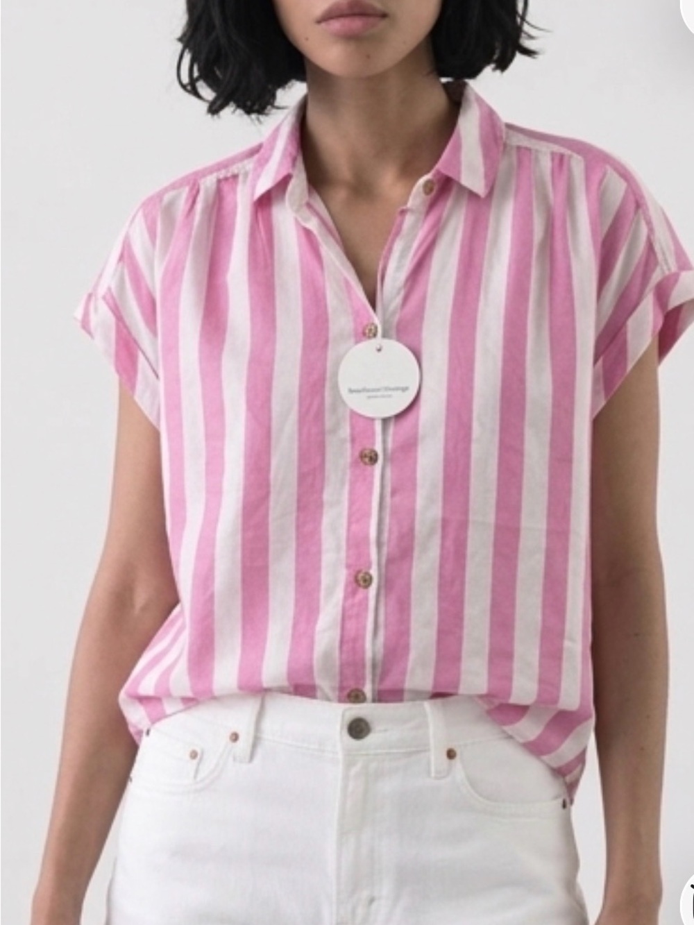 beachlunchlounge Pink and White Striped 
Short Sleeve Camp Shirt Size S NEW& TAG